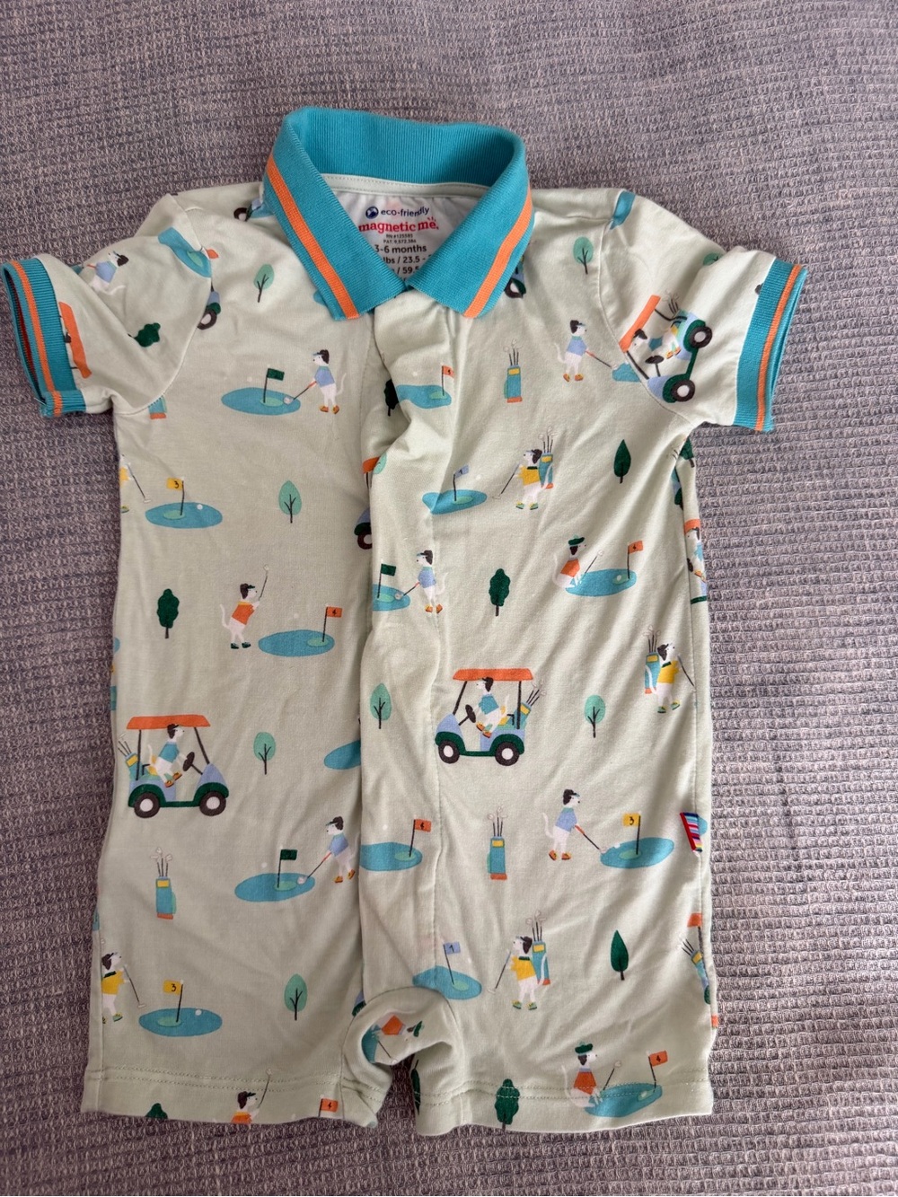 Magnetic Me Kids Golf-Print Short Sleeve Romper in Light Green